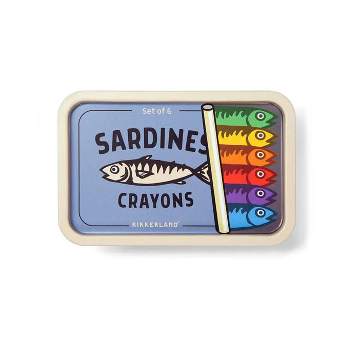 Kikkerland Sardines Crayons wooden toy set, featuring a rectangular beige wooden box with a blue lid illustration of a sardine can and six colorful crayons representing sardines in rainbow colors.