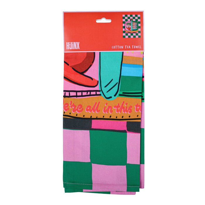Packaged tea towel with sardine tin design and 'Hijinx' branding, front view, on a white background.