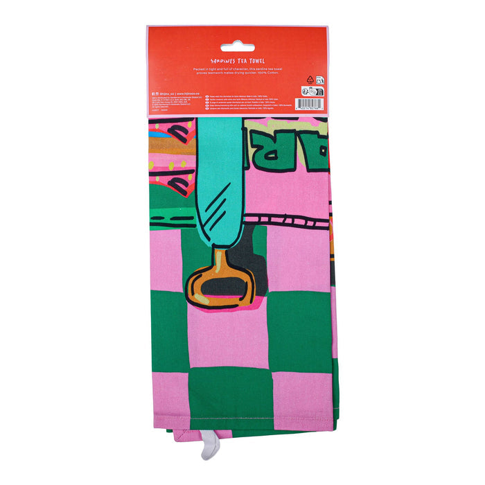 Packaged tea towel with sardine tin design and 'Hijinx' branding, back view, on a white background.