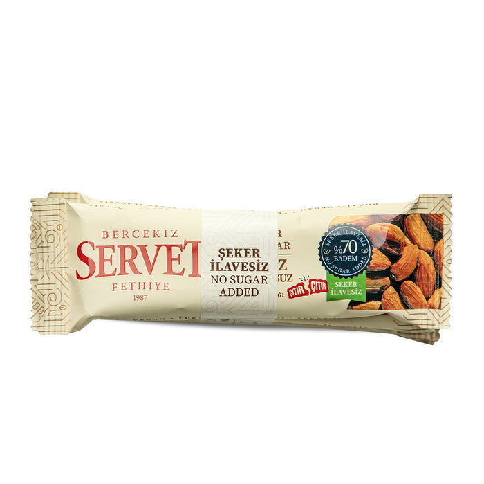 Servet Badem Krokan Bar is a naturally sweet, crunchy snack made with 70% almonds and lightly balanced with date juice concentrate and freshly squeezed lemon juice.
