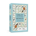 penguin sibley backyard birding bingo box front view with illustrations of all types of birds in a grid on a blue background