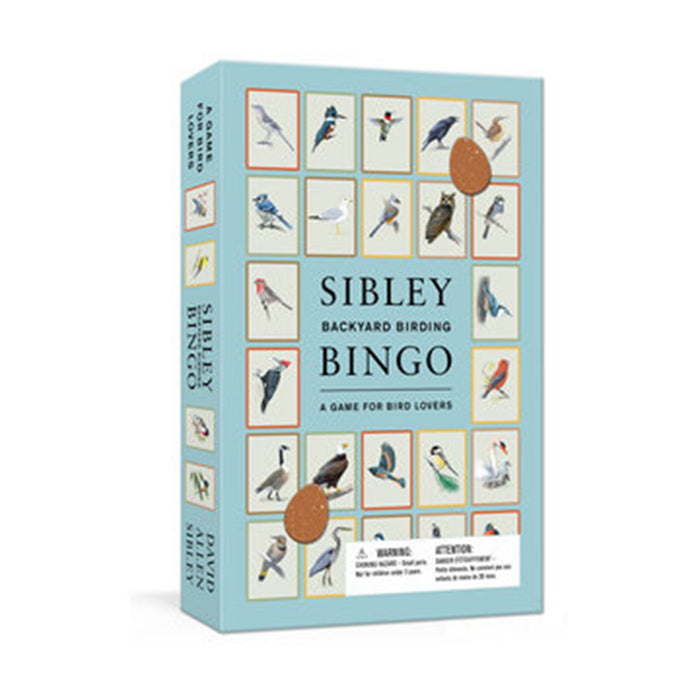 penguin sibley backyard birding bingo box front view with illustrations of all types of birds in a grid on a blue background
