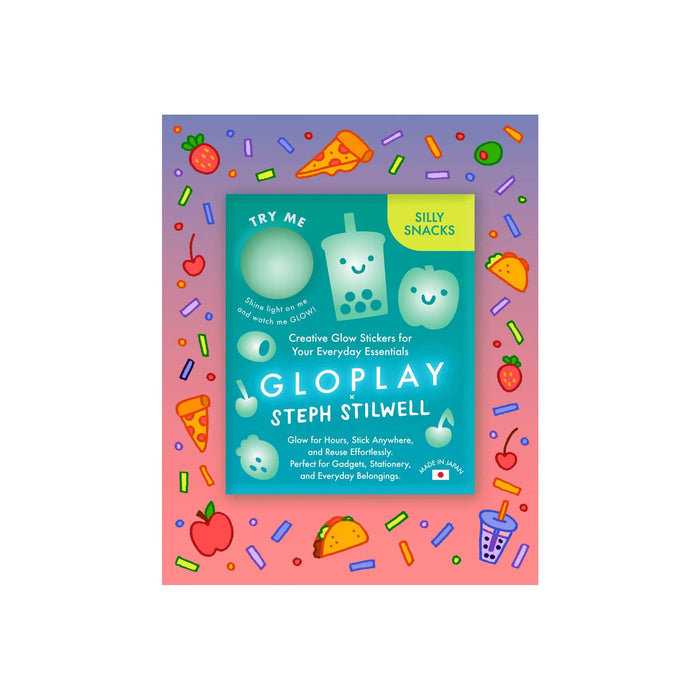 Front of 'Gloplay x Steph Stilwell' glow in the dark food stickers packaging, on a white background.