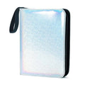A holographic silver vinyl zip-around trading card and mini print binder with a wrist strap, front view shown on a plain white background.