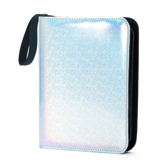 A holographic silver vinyl zip-around trading card and mini print binder with a wrist strap, front view shown on a plain white background.