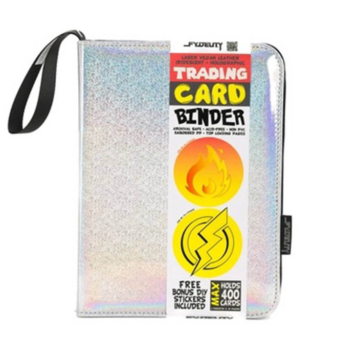 A holographic silver vinyl zip-around trading card and mini print binder with a wrist strap, front view with bellyband packaging, shown on a plain white background.