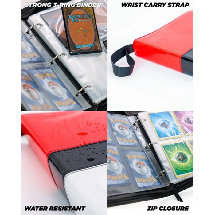 A 4-panel product collage showing a red and black card binder with clear plastic sleeves, labeled 'STRONG 3-RING BINDER', 'WRIST CARRY STRAP', 'WATER RESISTANT', and 'ZIP CLOSURE'.