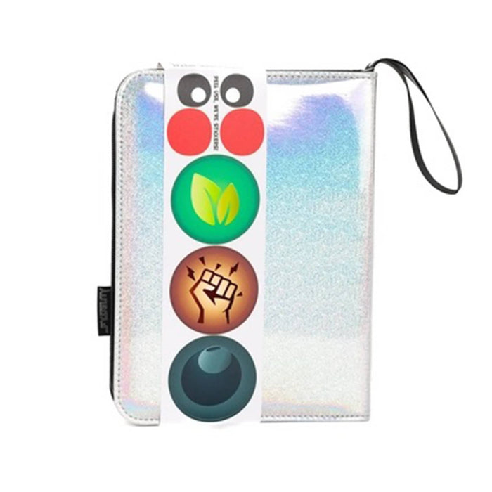 A holographic silver vinyl zip-around trading card and mini print binder with a wrist strap, back view with bellyband packaging, shown on a plain white background.