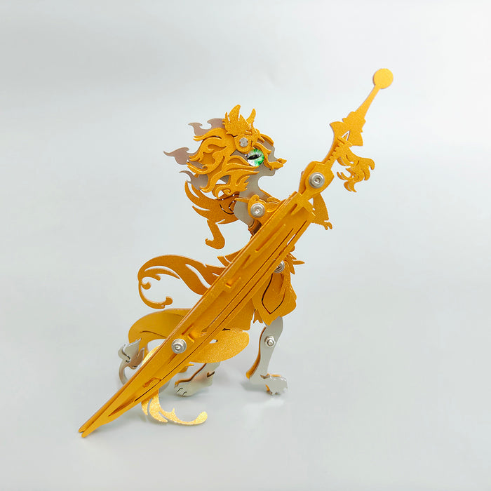 Sitting Ginger Cat Beast Fight with Monkey King Wukong with a Samurai Sword 3D Metal Model Kits