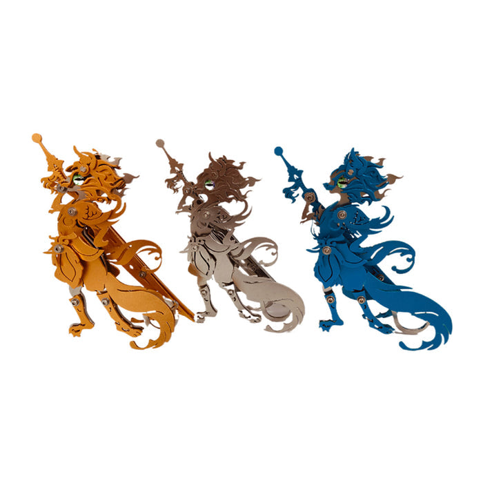 Sitting Ginger Cat Beast Fight with Monkey King Wukong with a Samurai Sword 3D Metal Model Kits