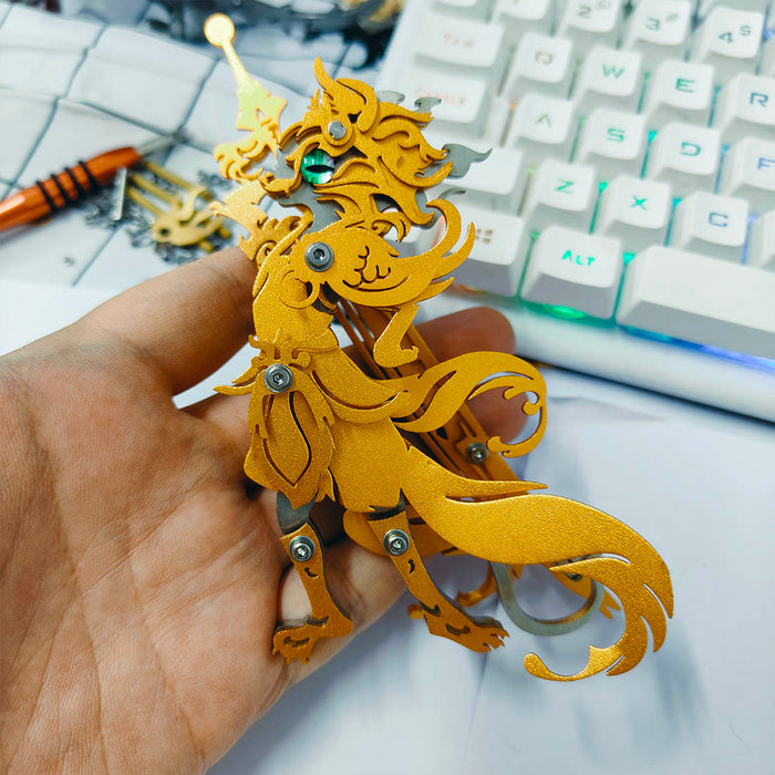 Sitting Ginger Cat Beast Fight with Monkey King Wukong with a Samurai Sword 3D Metal Model Kits