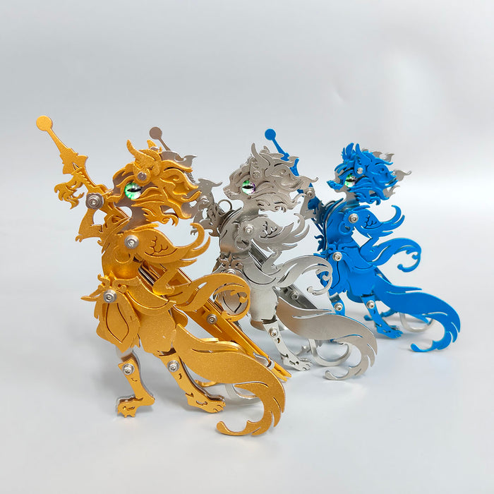 Sitting Ginger Cat Beast Fight with Monkey King Wukong with a Samurai Sword 3D Metal Model Kits