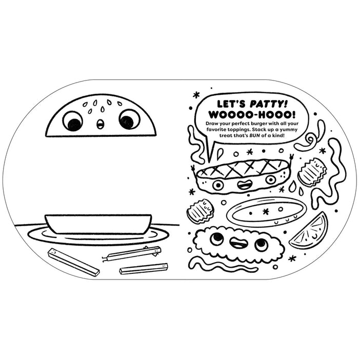Coloring page with cartoon bun, patty, and burger components on a white background.