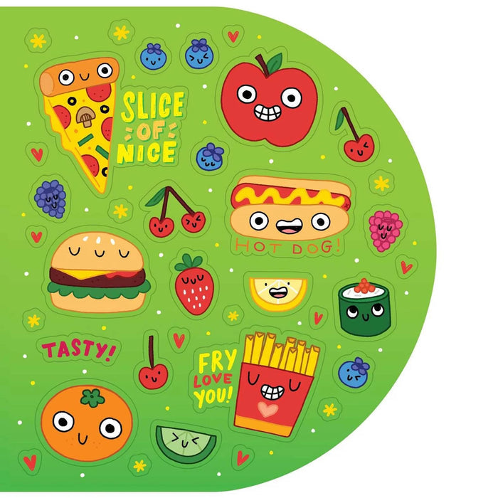 Circular green page with cartoon food stickers and text on a white background.