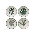 Four small round cream stoneware bowls arranged in a 2x2 grid, each decorated with a different green botanical leaf pattern and a dark green rim.