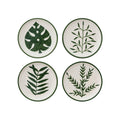 Four small round cream stoneware dish arranged in a 2x2 grid, each decorated with a different green botanical leaf pattern and a dark green rim.