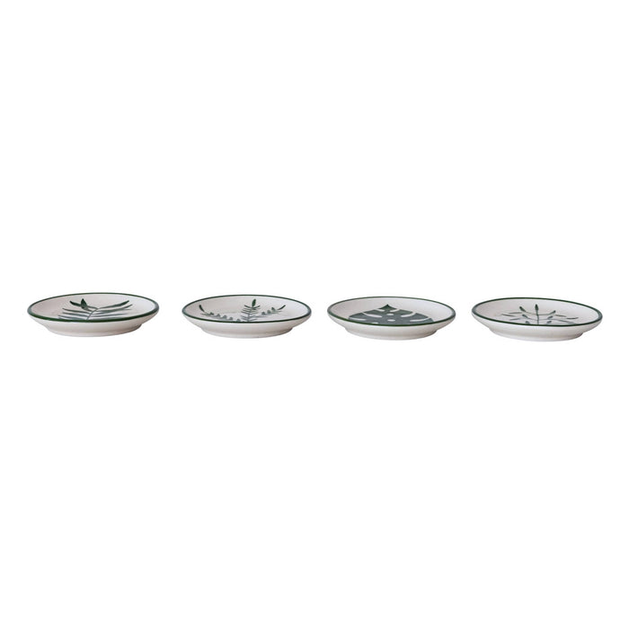 Four small cream round plates with dark green rim and leaf designs, arranged in a row against a plain white background.