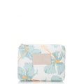 Small white zip pouch with a soft blue hibsicus floral print and a beige Aloha Collection logo label, on a white background.