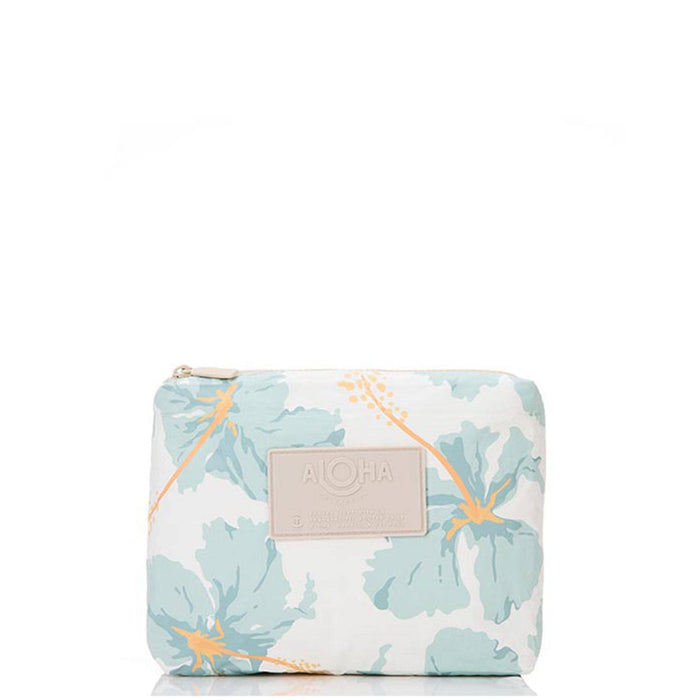 Small white zip pouch with a soft blue hibsicus floral print and a beige Aloha Collection logo label, on a white background.