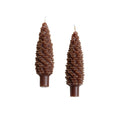 Set of 2 unscented paraffin wax taper candles that look like brown pinecones.
