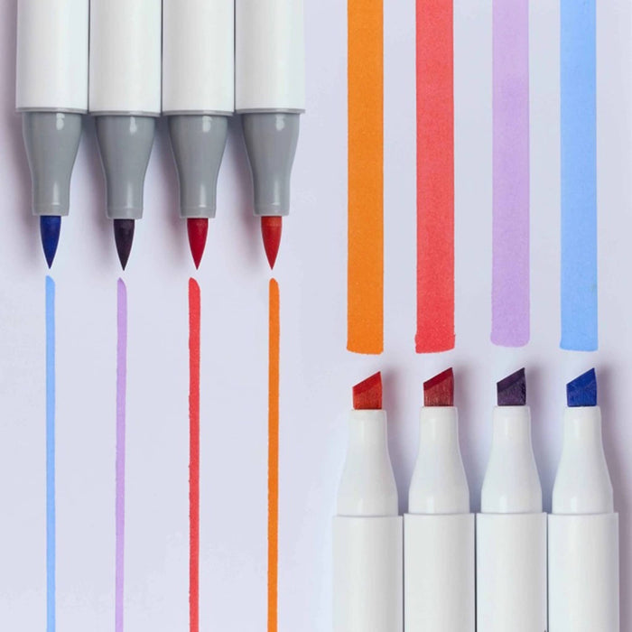 Set of markers with colored brush and chisel tips on a white background.