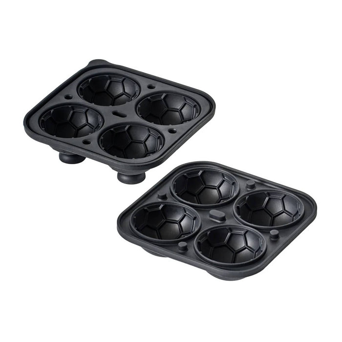 Gentlemen's Hardware The Beautiful Game collection black silicone soccer ball shaped ice molds, both halves, on a white background.