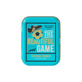 Gentlemen's Hardware The Beautiful Game collection soccer-themed playing cards in turquoise tin packaging, front view, on a white background.
