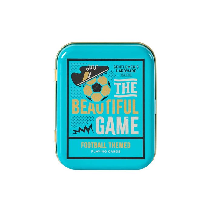 Gentlemen's Hardware The Beautiful Game collection soccer-themed playing cards in turquoise tin packaging, front view, on a white background.