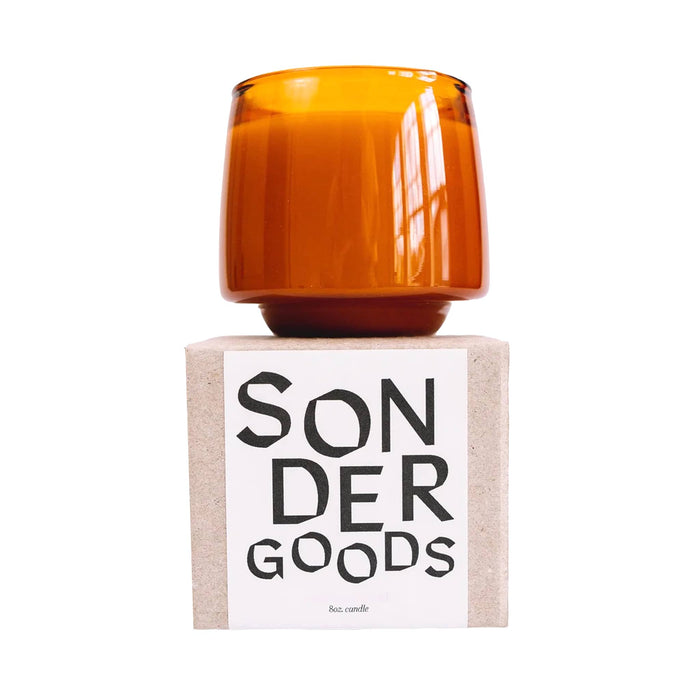 Sonder Goods Cold Spring scented soy wax candle on top of cardboard slide box packaging, on a white background.