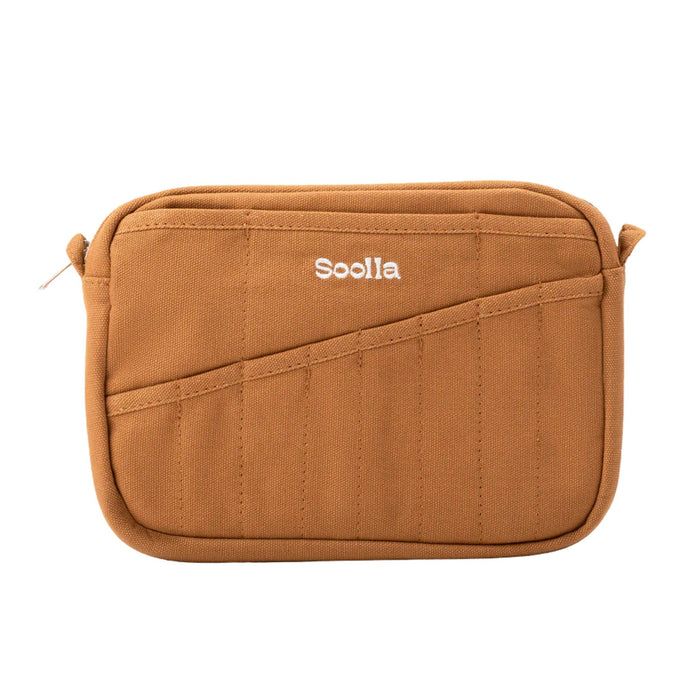 Canvas pouch with multiple pockets in a cinnamon color, front view, on a white background.