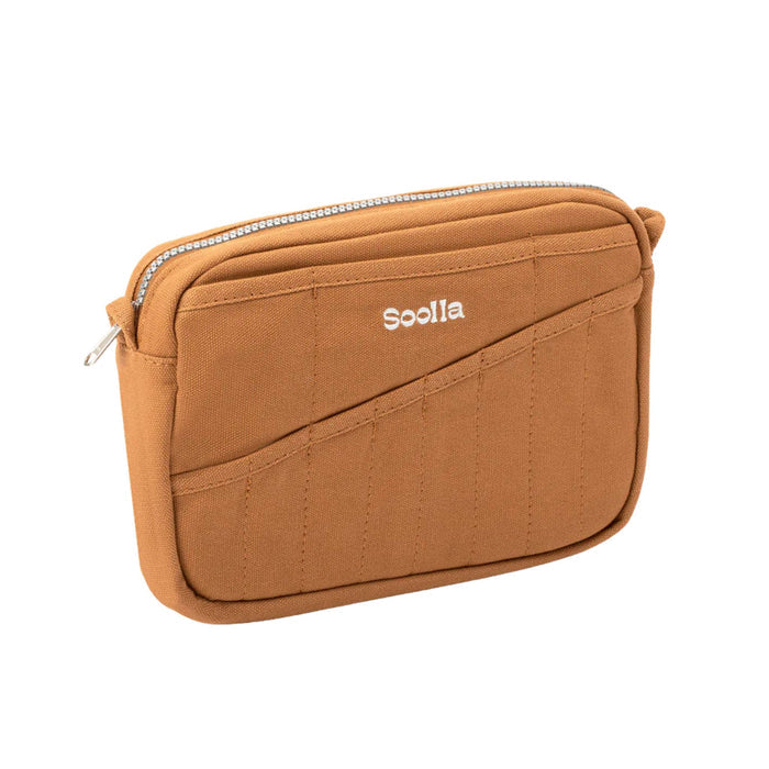 Canvas pouch with multiple pockets in a cinnamon color, front angle view, on a white background.