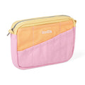 Canvas pouch with multiple pockets on the front in pink, orange, and yellow, front angle view, on a white background.