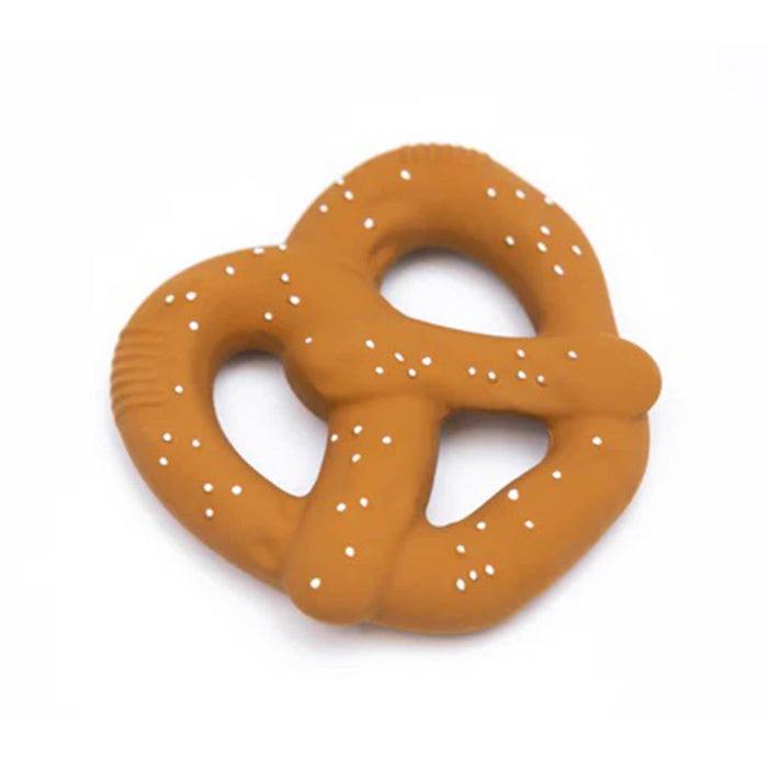 Front view of a soft pretzel shaped natural rubber baby teether bath toy.