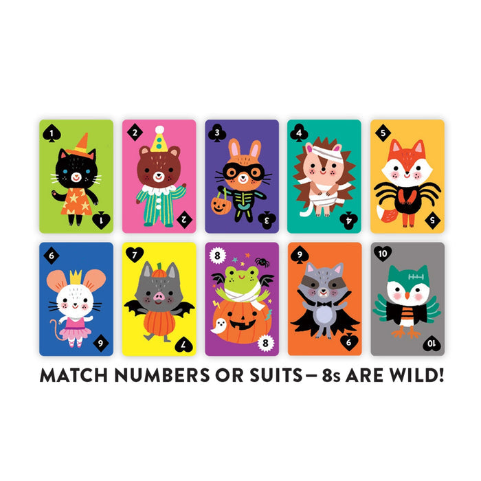 Set of Halloween-themed playing cards with animal characters on a white background.