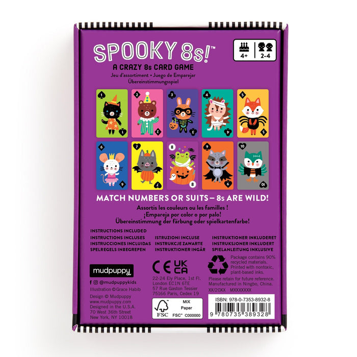 Spooky 8s! card game packaging with colorful illustrations on a purple background