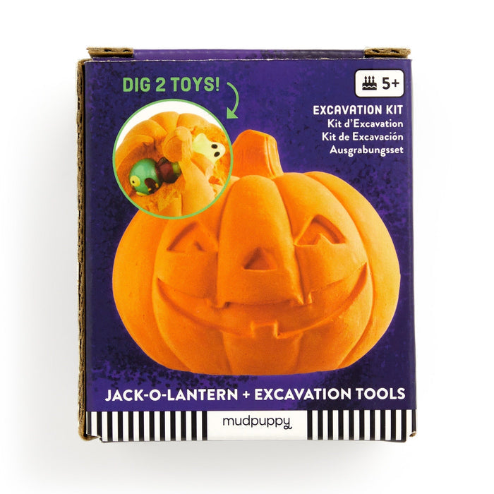 Box for a excavation kit with pumpkin design and tools inside.