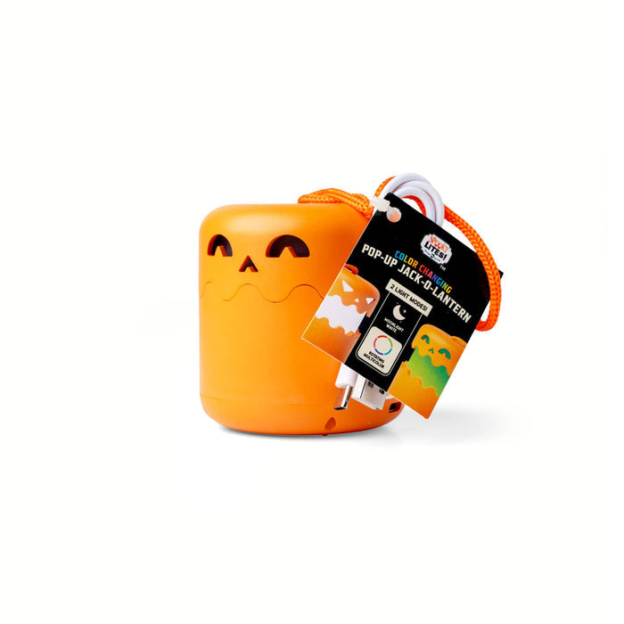 An orange pop-up jack-o'-lantern shaped LED night light with its retail packaging tag attached, set against a plain white background.