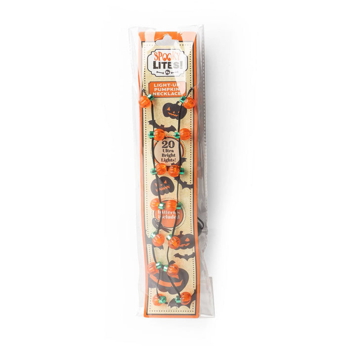Spooky Lites light up necklace with 20 ultra bright mini pumpkin lights strung on a green cord in card and cello packaging.