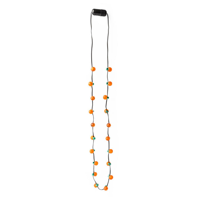 Spooky Lites light up necklace with 20 ultra bright mini pumpkin lights strung on a green cord.