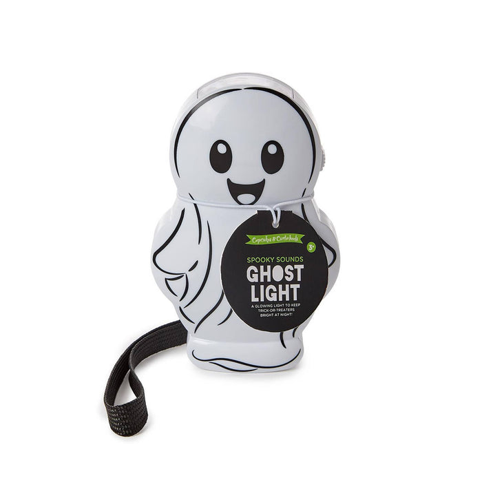 Ghost-shaped flashlight with a strap, front view on a white background.