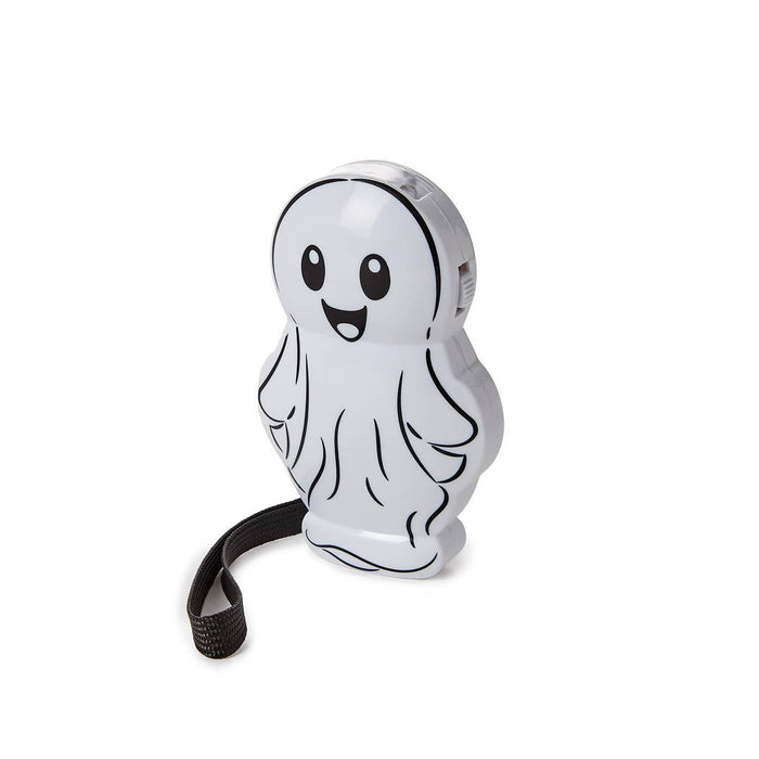 A white plastic ghost-shaped novelty flashlight with a black cartoon face and a black wrist strap, shown on a plain white background.