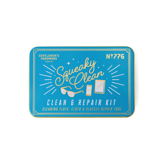 Gentlemen's Hardware Squeaky Clean eyeglass and screen cleaning and repair kit in blue tin packaging, top view, on a white background.