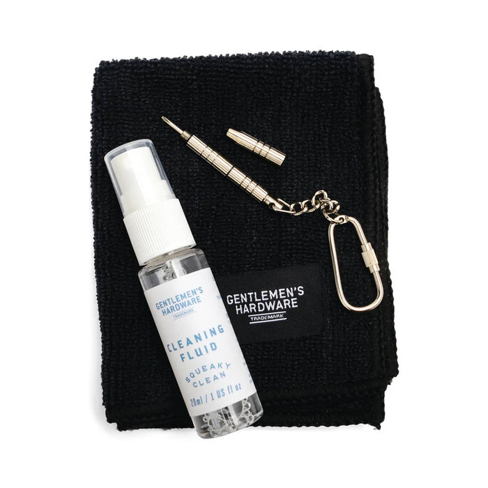 Gentlemen's Hardware Squeaky Clean eyeglass and screen cleaning and repair kit, contents on a white background.