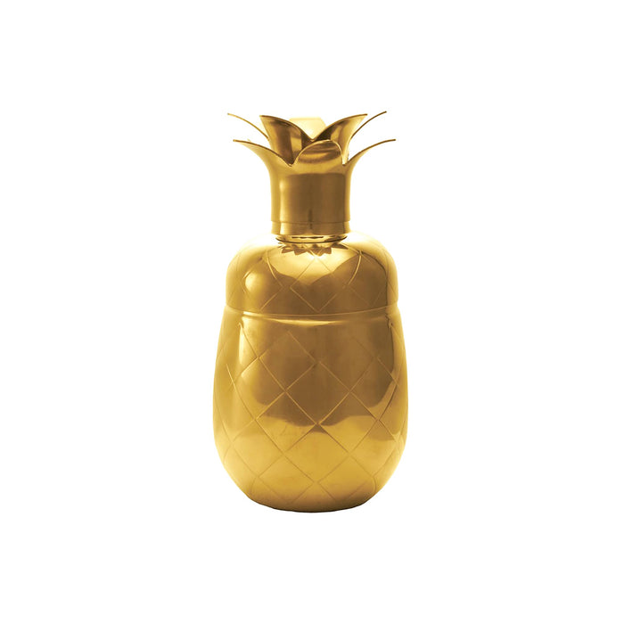 Gold tone pineapple-shaped cocktail shaker on a white background.