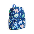 A blue backpack with an all-over dinosaur skeleton and stone pattern, featuring a top handle, front zippered pocket, and a small 'STATE' brand label on the upper right side. Front angle view on a plain white background.