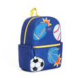 A royal blue backpack decorated with sports ball graphics including a football, baseball, soccer ball, basketball, and starburst shapes, with yellow zipper accents and a yellow top handle. Front angle view on a plain white background.