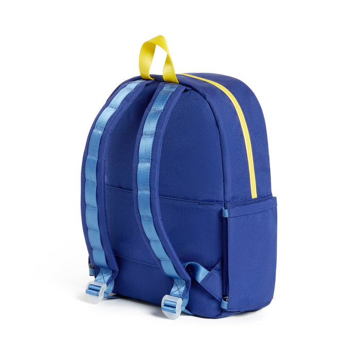 A blue backpack with light blue straps and yellow accents, shown from a three-quarters back view on a white background.
