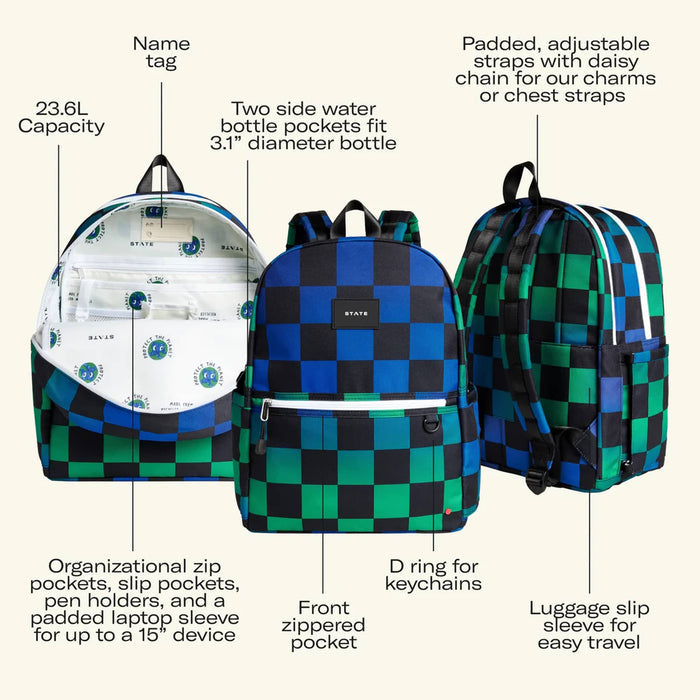 A checkered backpack with features highlighted on a beige background.