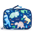 A rectangular blue lunch bag with a dinosaur skeleton print, featuring a blue top handle and a central blue brand patch that reads 'STATE'.