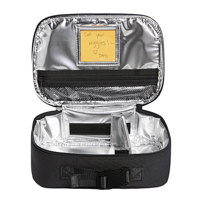 An open black insulated lunch bag with a shiny silver interior, shown on a plain white background. The inside lid has a small yellow note attached.